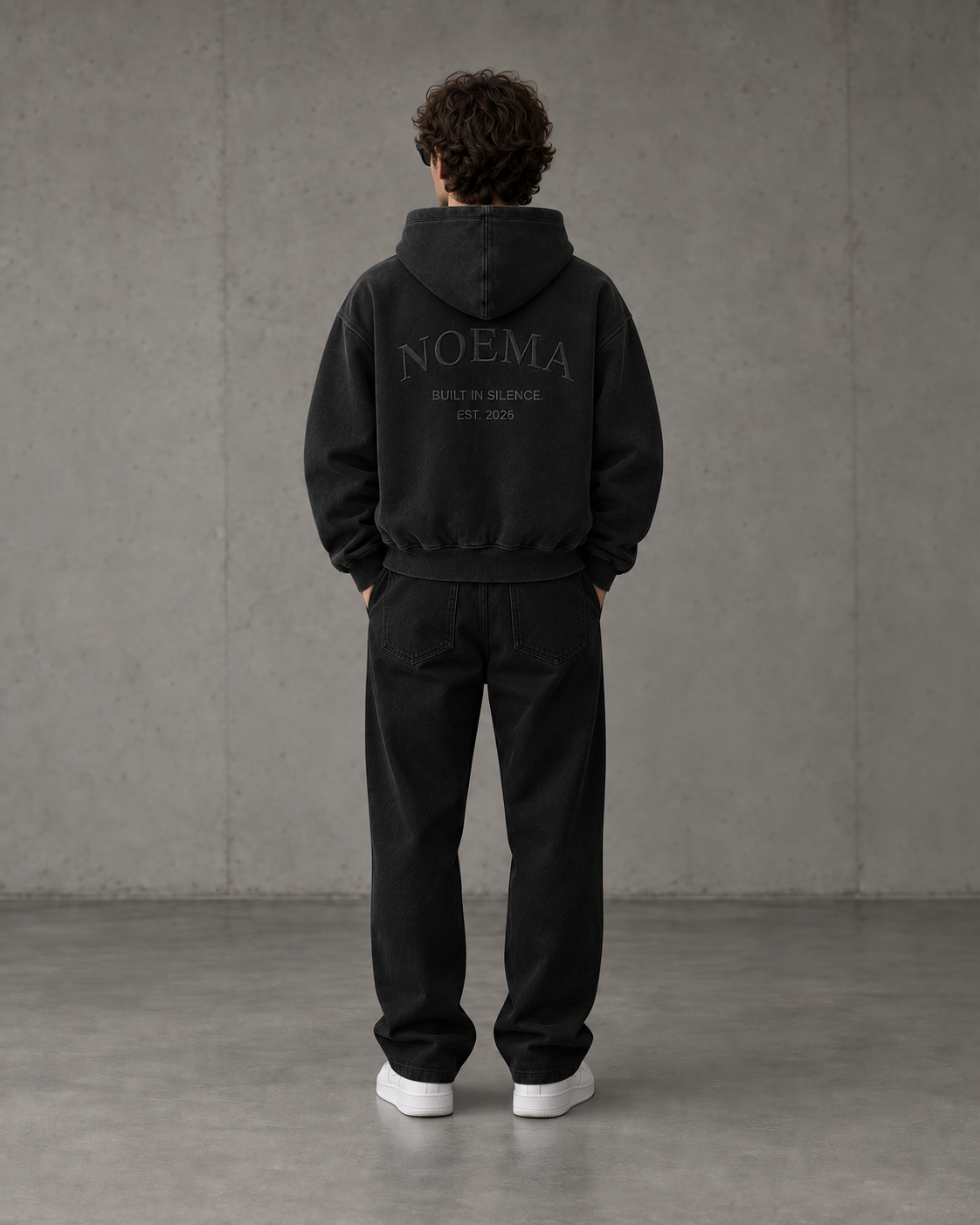 NOEMA 07 Built In Silence Zip Hoodie Washed Black Model Back