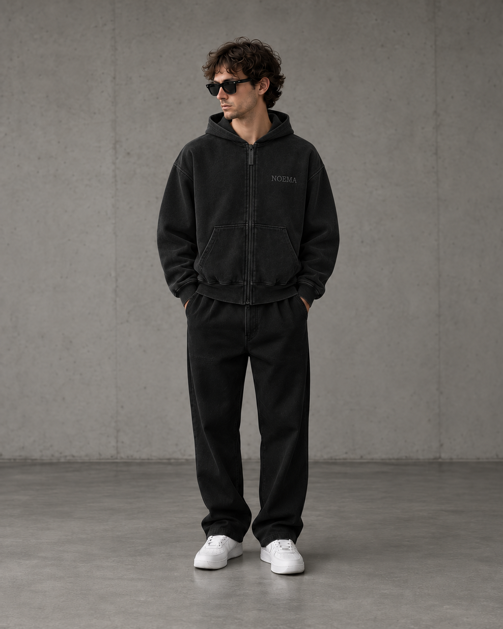 NOEMA 07 Built In Silence Zip Hoodie Washed Black Model Front